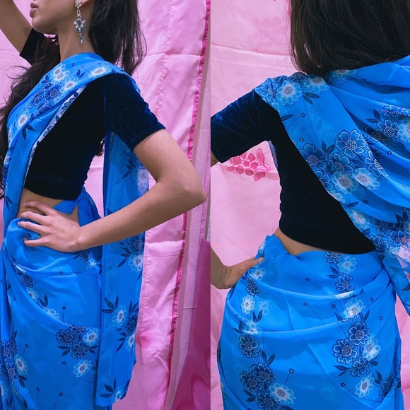Floral Blue Sari - Picture 2 of 4
